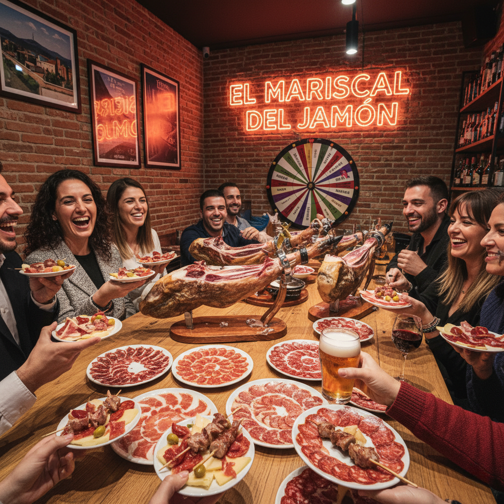 Grupo de amigos compartiendo platos de productos ib&eacute;ricos